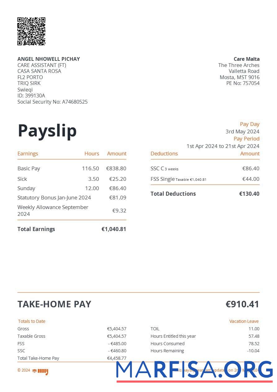 Downloadable Care Malta payslip template